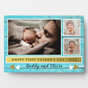 Happy 1st Father's Day 3 Photo Collage Blue Wood Plaque