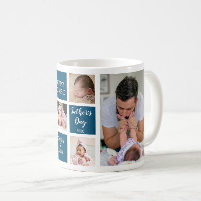 Happy 1st Father's Day 5 Photo Collage Ocean Blue Coffee Mug (Front Right)
