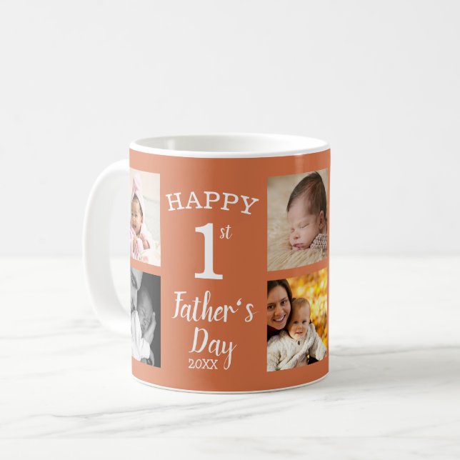 Happy 1st Father's Day 8 Photo Collage Terracotta Coffee Mug (Front Left)