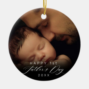 Happy 1st Father's Day Elegant Script Photo Ceramic Ornament