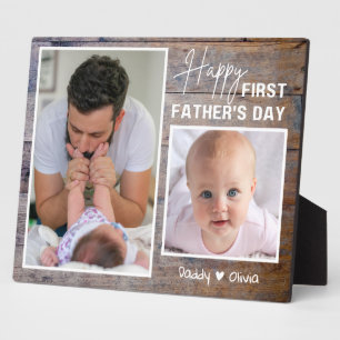 Happy 1st Father's Day New Dad 2 Photo Rustic Wood Plaque