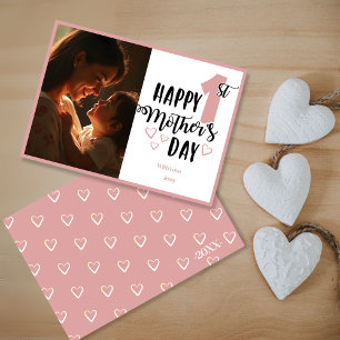 Happy 1st Mother’s Day in Pink with Hearts & Photo Holiday Card