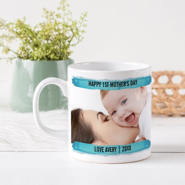 Happy 1st Mothers Day 2 Photo Aqua Brushstroke Coffee Mug (Creator Uploaded)