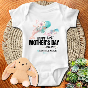 Happy 1st Mother's Day Mom - Floral Whales + Name Baby Bodysuit