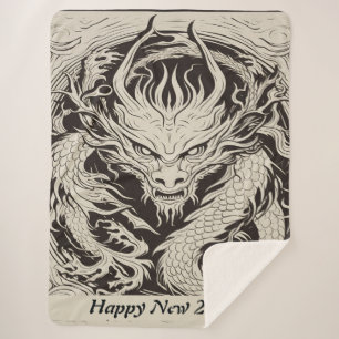Happy 2024 Year of Dragon Vintage Sketch No3 Sherpa Blanket