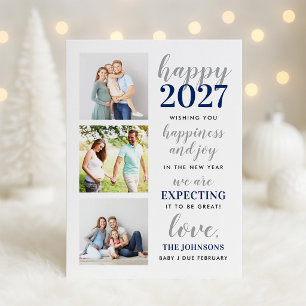 Happy 2027 Navy Silver Grey Expecting Baby Holiday Card
