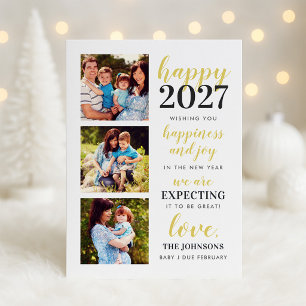 Happy 2027 White Gold Expecting Pregnancy Photo Holiday Card