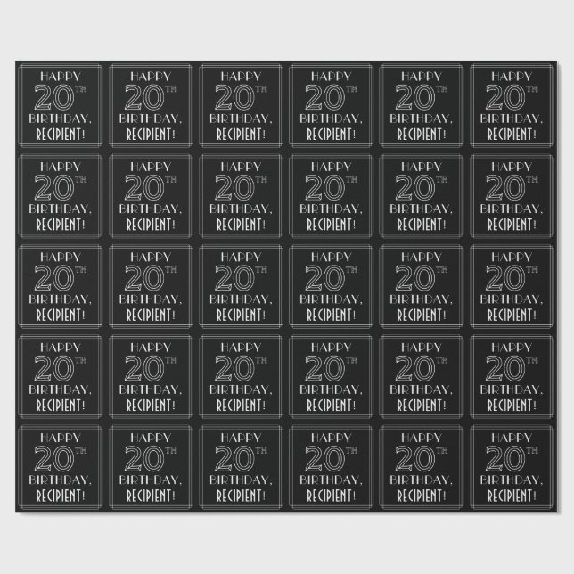 HAPPY 20TH BIRTHDAY; Art Deco Style w/ Custom Name Wrapping Paper (Flat)