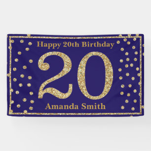 Happy 20th Birthday Banner Navy Blue Gold Glitter
