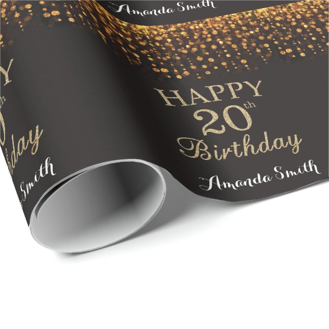 Happy 20th Birthday Black and Gold Glitter Wrapping Paper (Roll Corner)