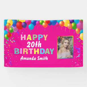 Happy 20th Birthday Colorful Balloons Hot Pink Banner