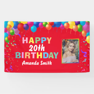 Happy 20th Birthday Colourful Balloons Red Banner