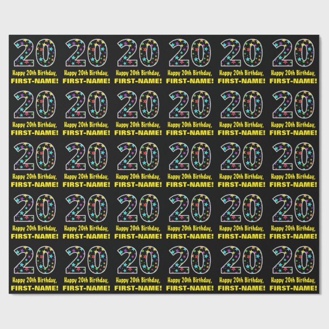 Happy 20th Birthday, Fun Colourful Stars Pattern 2 Wrapping Paper (Flat)