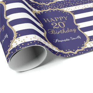 Happy 20th Birthday Gold Glitter and Navy Blue Wrapping Paper