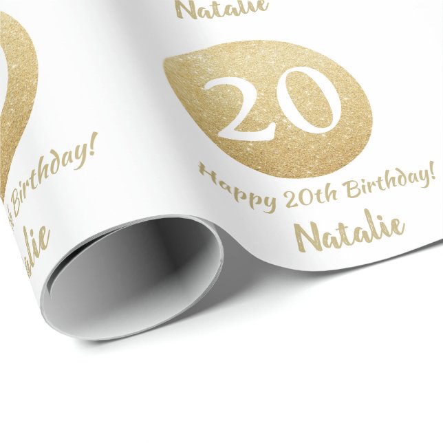 Happy 20th Birthday Gold Glitter and White Wrapping Paper (Roll Corner)