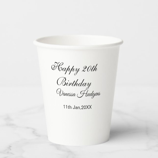 Happy 20th birthday name date simple minimal  paper cups (Front)