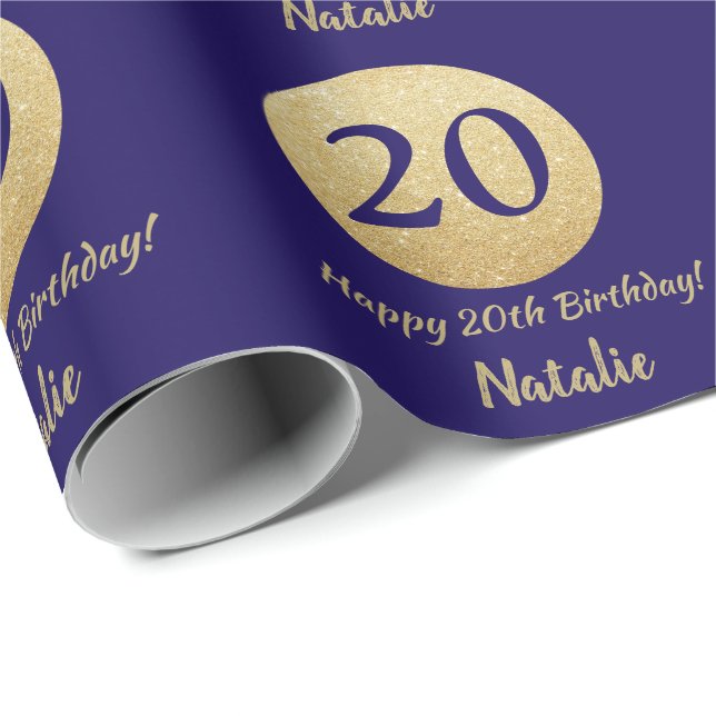 Happy 20th Birthday Navy Blue and Gold Glitter Wrapping Paper (Roll Corner)