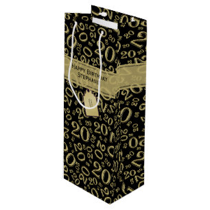 Happy 20th Birthday Number Pattern Black/Gold 20 Wine Gift Bag