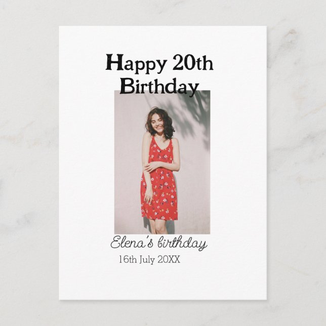 Happy 20th birthday photo modern simple minimal  postcard (Front)