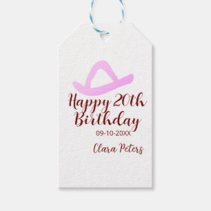 Happy 20th birthday pink cowboy girl name date sim gift tags