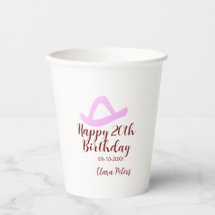Happy 20th birthday pink cowboy girl name date sim paper cups