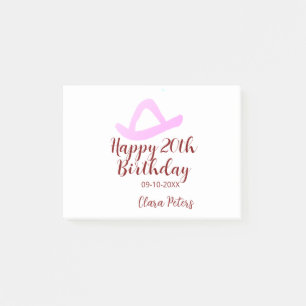 Happy 20th birthday pink cowboy girl name date sim post-it notes