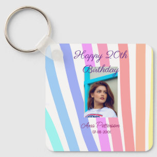 Happy 20th Birthday rainbow rustic boho lines phot Keychain