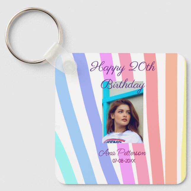 Happy 20th Birthday rainbow rustic boho lines phot Keychain (Front)
