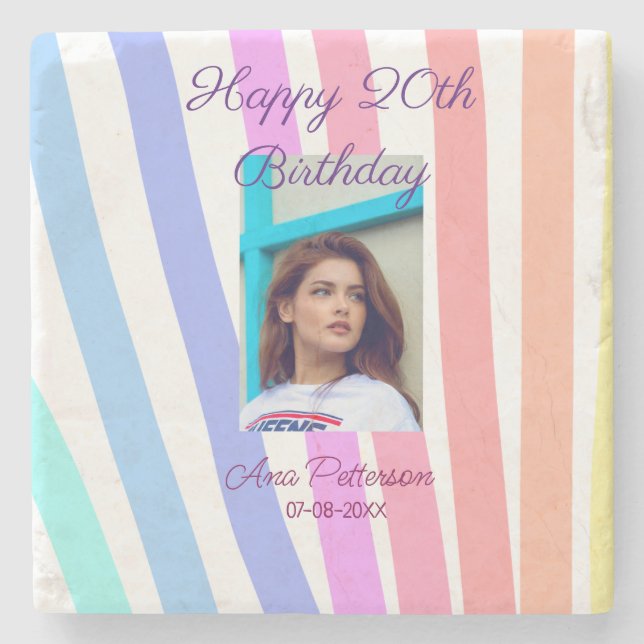 Happy 20th Birthday rainbow rustic boho lines phot Stone Coaster (Front)