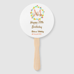 Happy 20th Birthday red add name monogram wreath Hand Fan