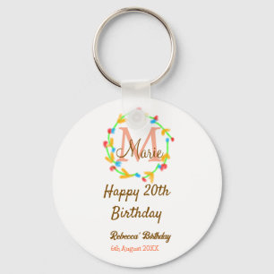 Happy 20th Birthday red add name monogram wreath Keychain