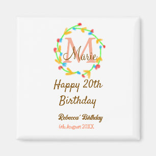 Happy 20th Birthday red add name monogram wreath Magnet