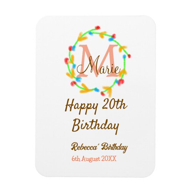 Happy 20th Birthday red add name monogram wreath Magnet (Vertical)