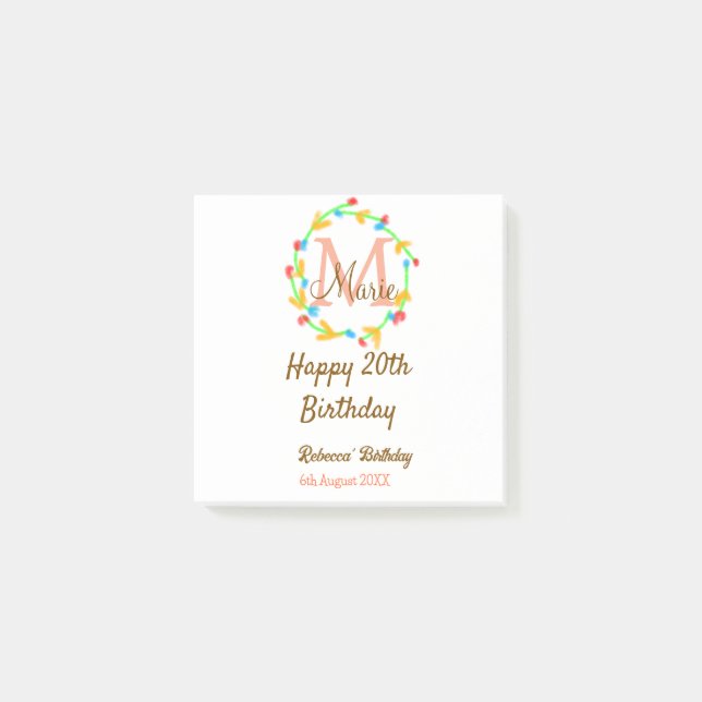 Happy 20th Birthday red add name monogram wreath Post-it Notes (Front)