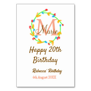 Happy 20th Birthday red add name monogram wreath Table Number