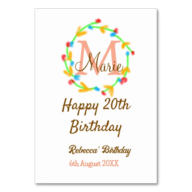 Happy 20th Birthday red add name monogram wreath Table Number (Front)