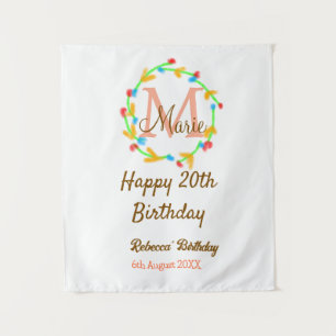 Happy 20th Birthday red add name monogram wreath Tapestry