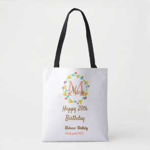 Happy 20th Birthday red add name monogram wreath Tote Bag