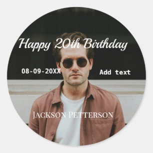 Happy 20th birthday simple photo add name date mod classic round sticker