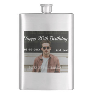 Happy 20th birthday simple photo add name date mod hip flask