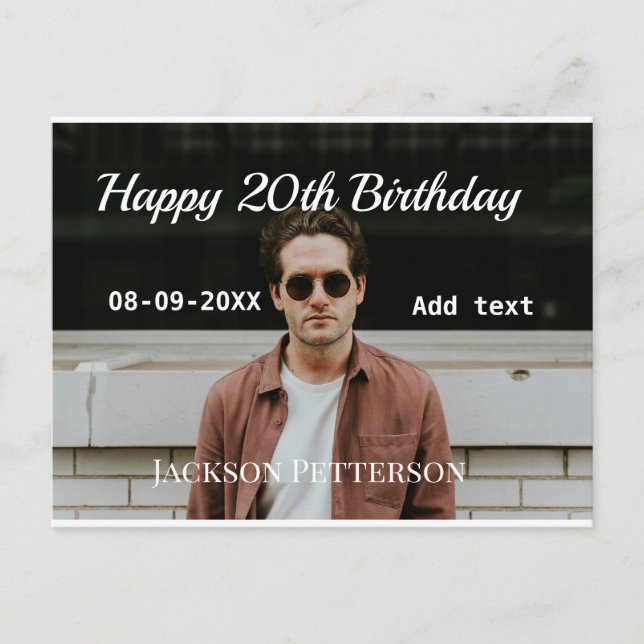 Happy 20th birthday simple photo add name date mod postcard (Front)