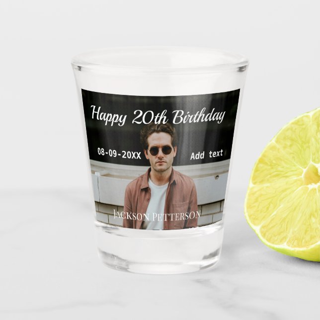 Happy 20th birthday simple photo add name date mod shot glass (Front)