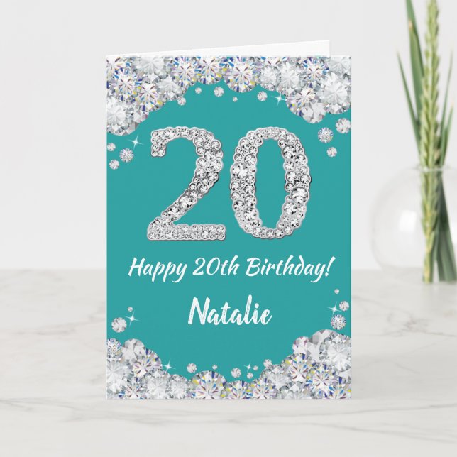 Happy 20th Birthday Teal and Silver Glitter Card (Front)