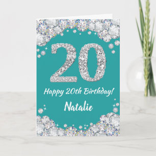 Happy 20th Birthday Teal and Silver Glitter Card
