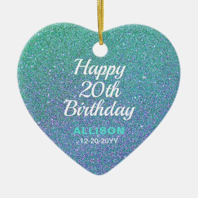Happy 20th Birthday Teal Blue Glitter Personalized Ceramic Ornament (Front)