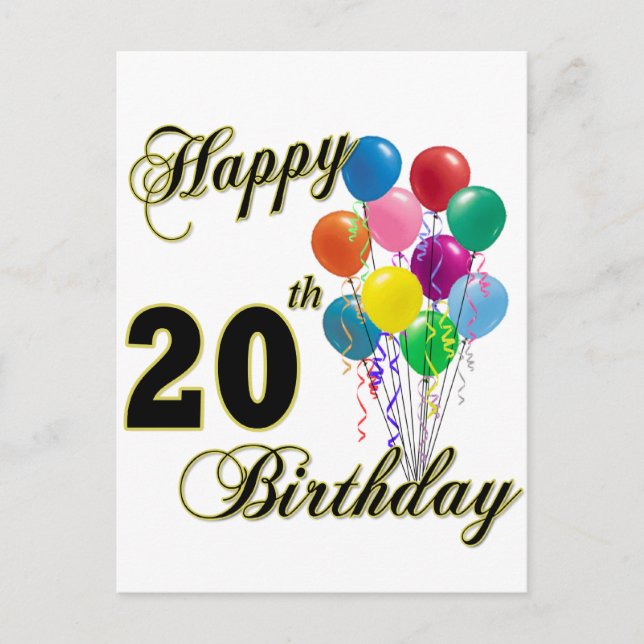 Happy 20th Birthday with Balloons Postcard (Front)