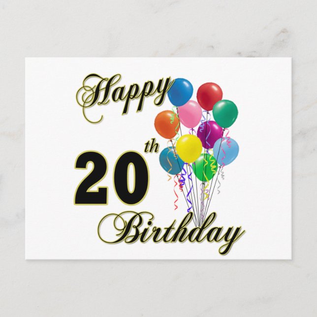 Happy 20th Birthday with Balloons Postcard (Front)
