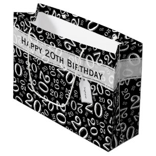Happy 20th Random Number Pattern Black/White Large Gift Bag