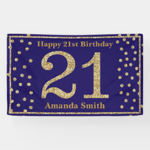 Happy 21st Birthday Banner Navy Blue Gold Glitter