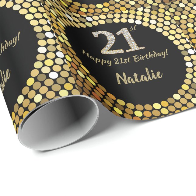 Happy 21st Birthday Black and Gold Glitter Wrapping Paper (Roll Corner)